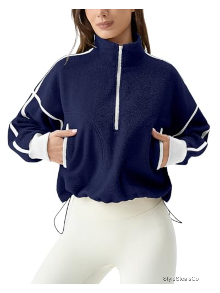 Qinsen Women's Half Zip Fleece Short Pullover Sweatshirt Winter Long Sleeve